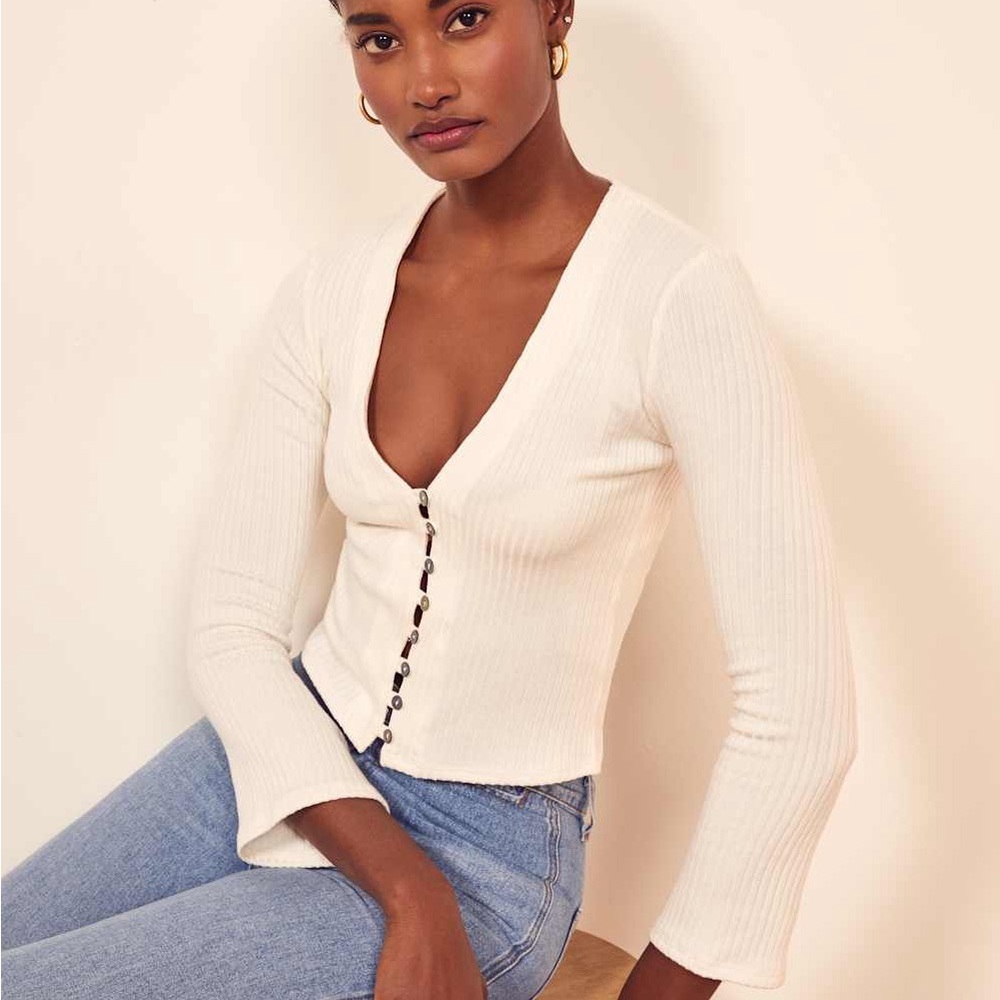 Reformation Gellar Orange Ribbed Knit Button-Up Top